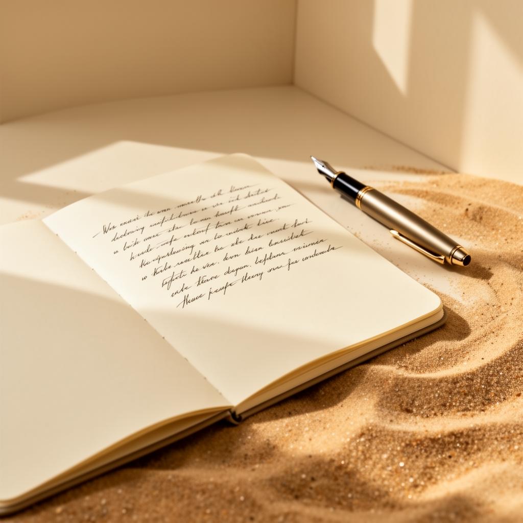 A notebook and fountain pen on a sand-lit surface
